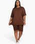 Beach Rose Co. plus size brown loose fit top and biker shorts set on a model wearing white sneakers