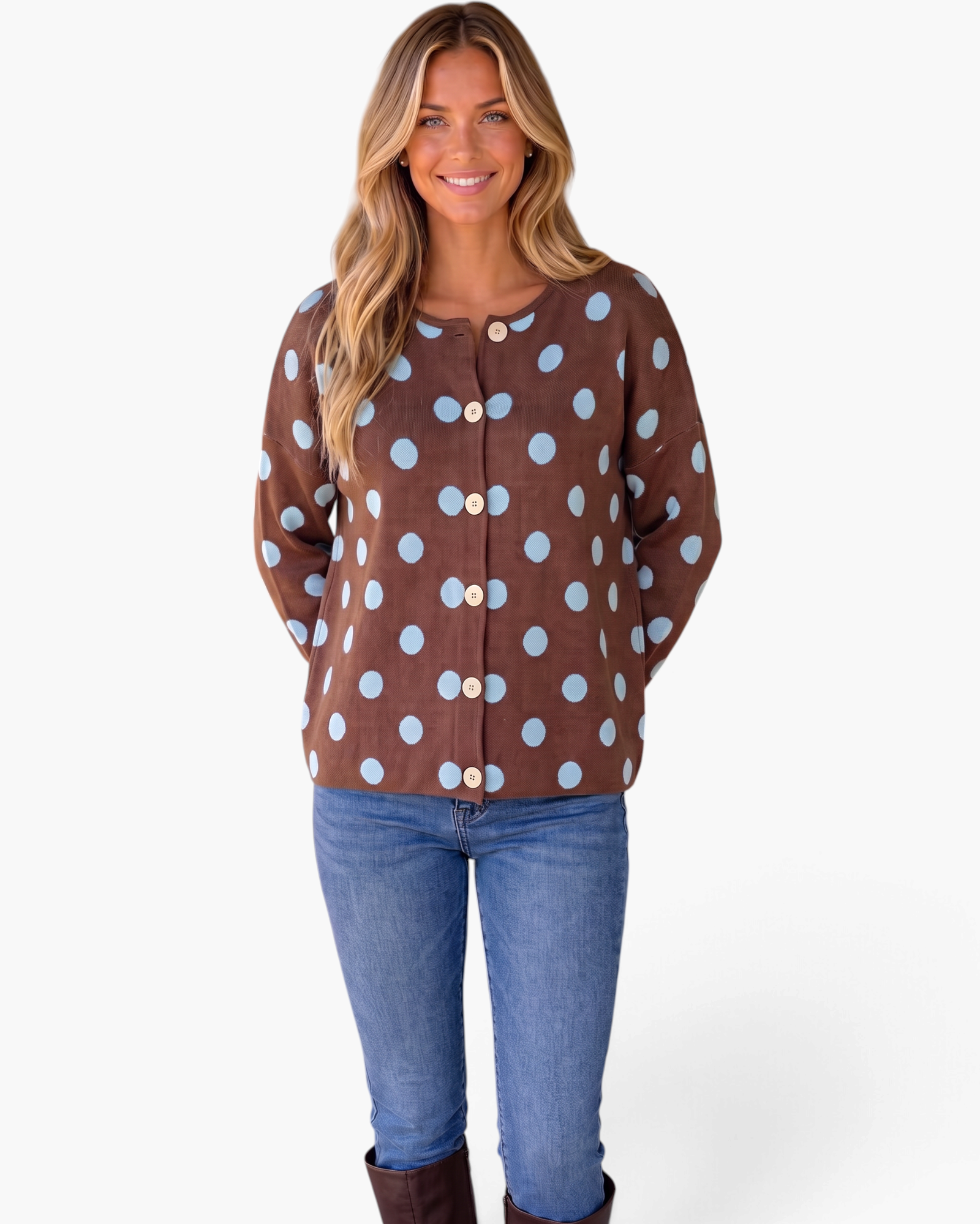 Beach Rose Co. brown cardigan with light blue polka dots, round neck, and button-front worn by a smiling model.