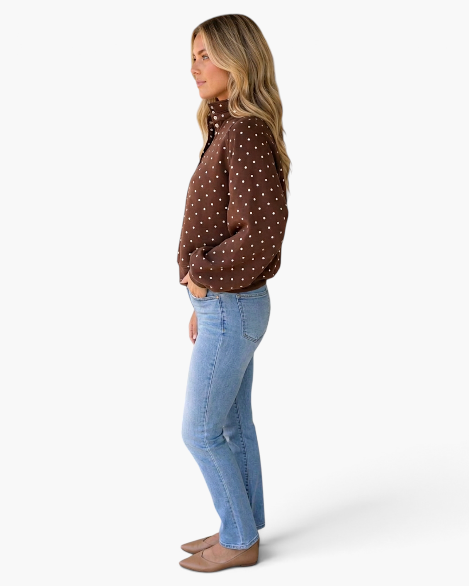 Beach Rose Co. brown polyester pullover with white polka dots, pointed collar, and snap-button neckline on a model.