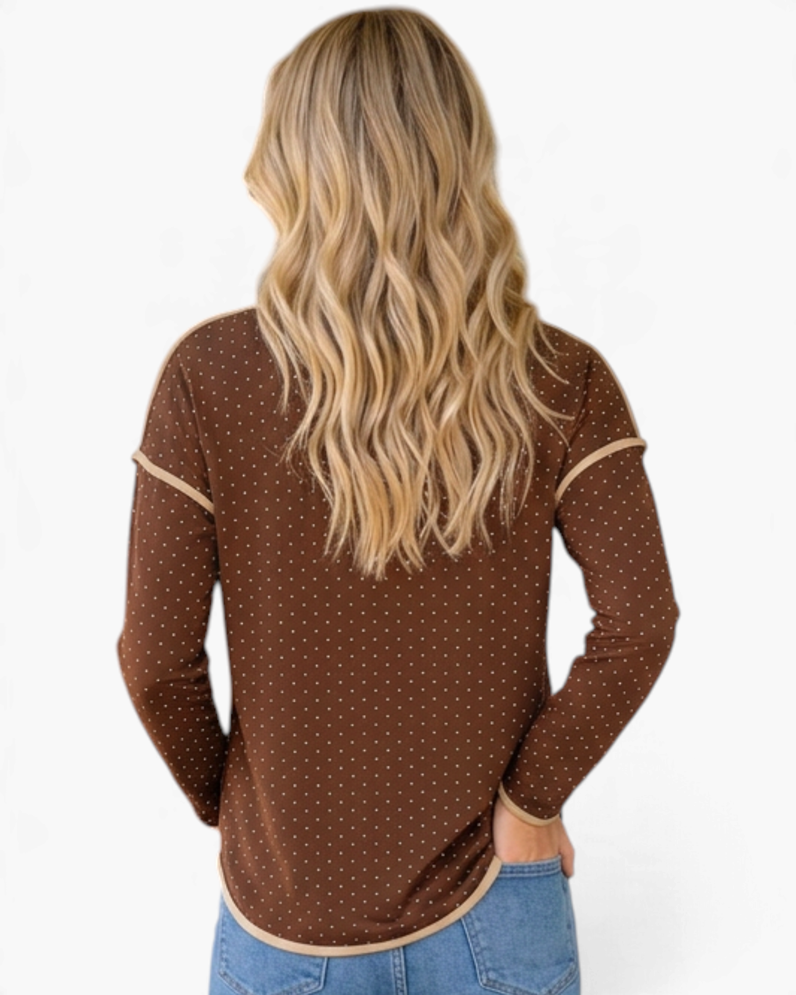 Beach Rose Co. brown long sleeve top with mini polka dots, cream contrast trim, and dropped shoulders, back view.