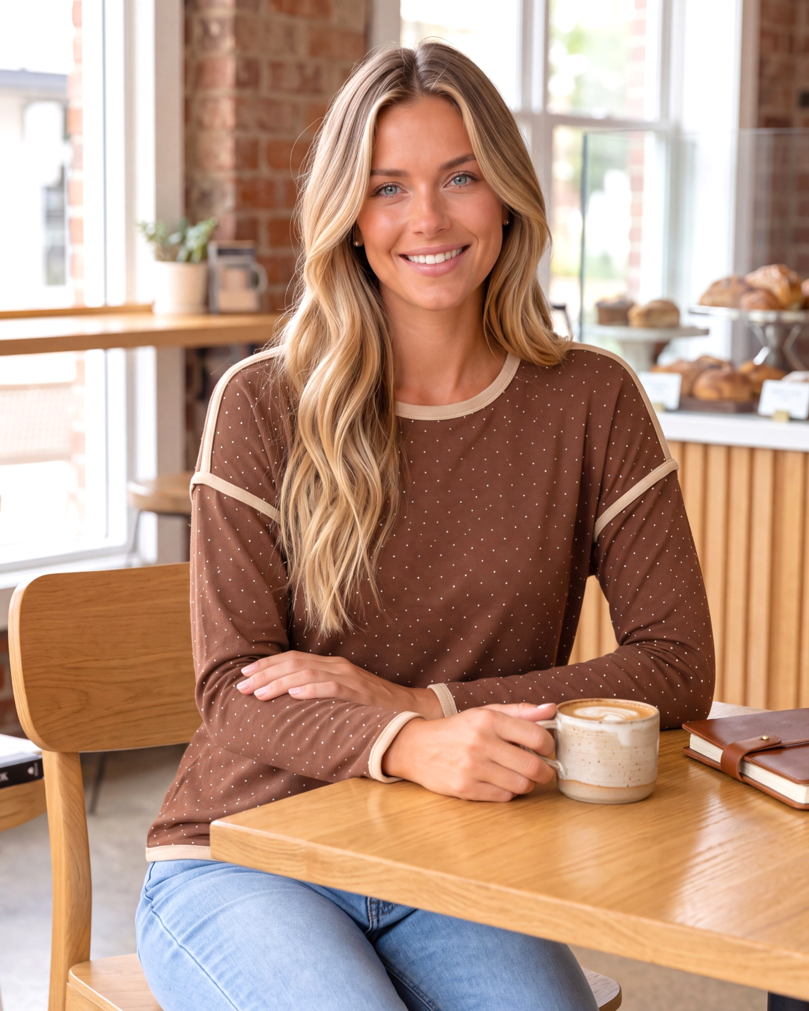 Beach Rose Co. brown long sleeve top with cream polka dots and contrast trim worn by a smiling woman in a cafe.