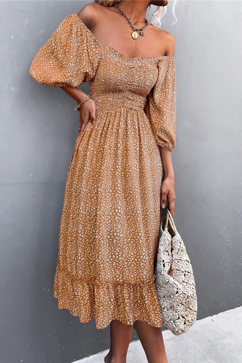 Beach Rose Co. - Brown Printed Off - Shoulder Midi Dress