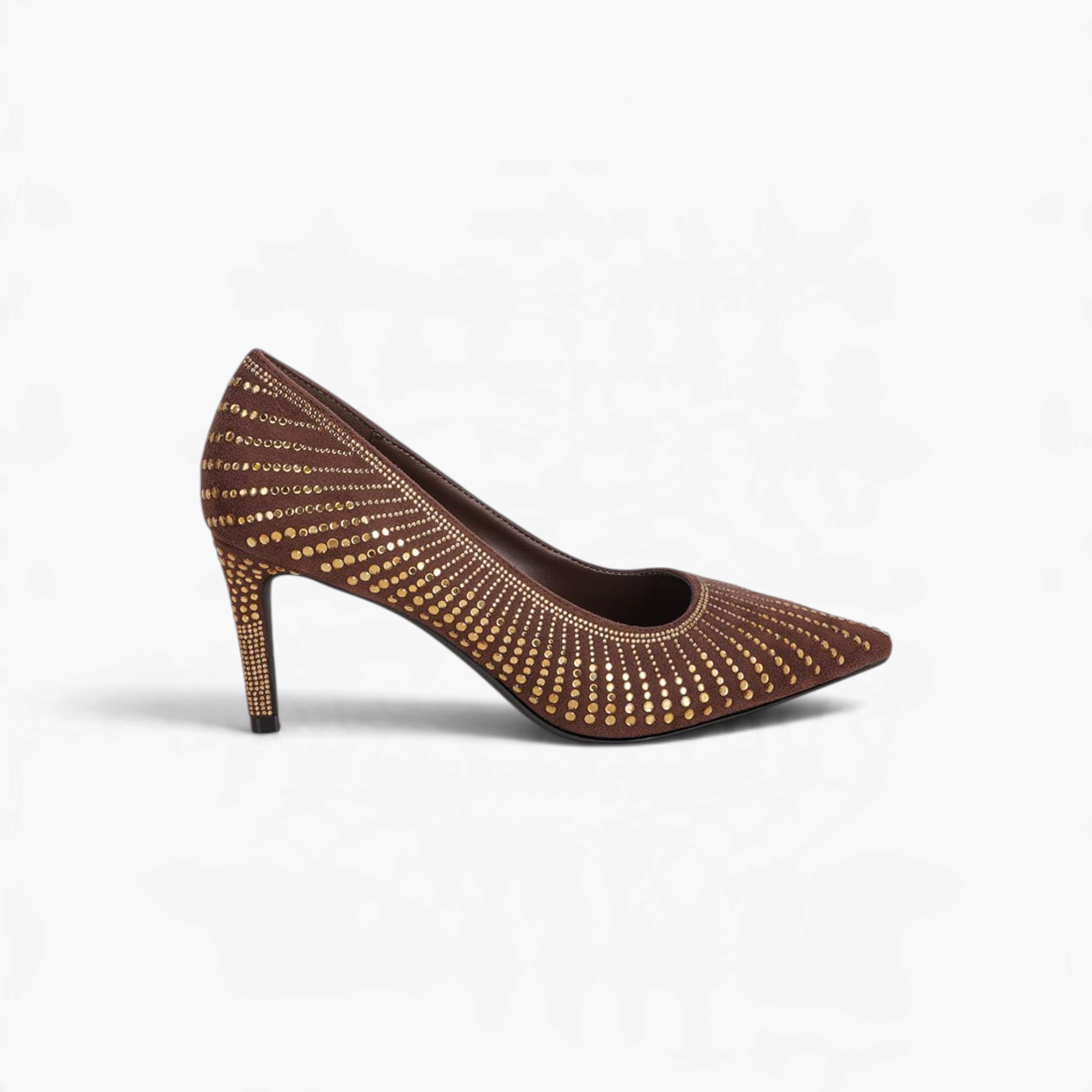 Beach Rose Co. brown pointed-toe pumps featuring intricate gold rhinestone embellishments and a 3-inch slim heel.