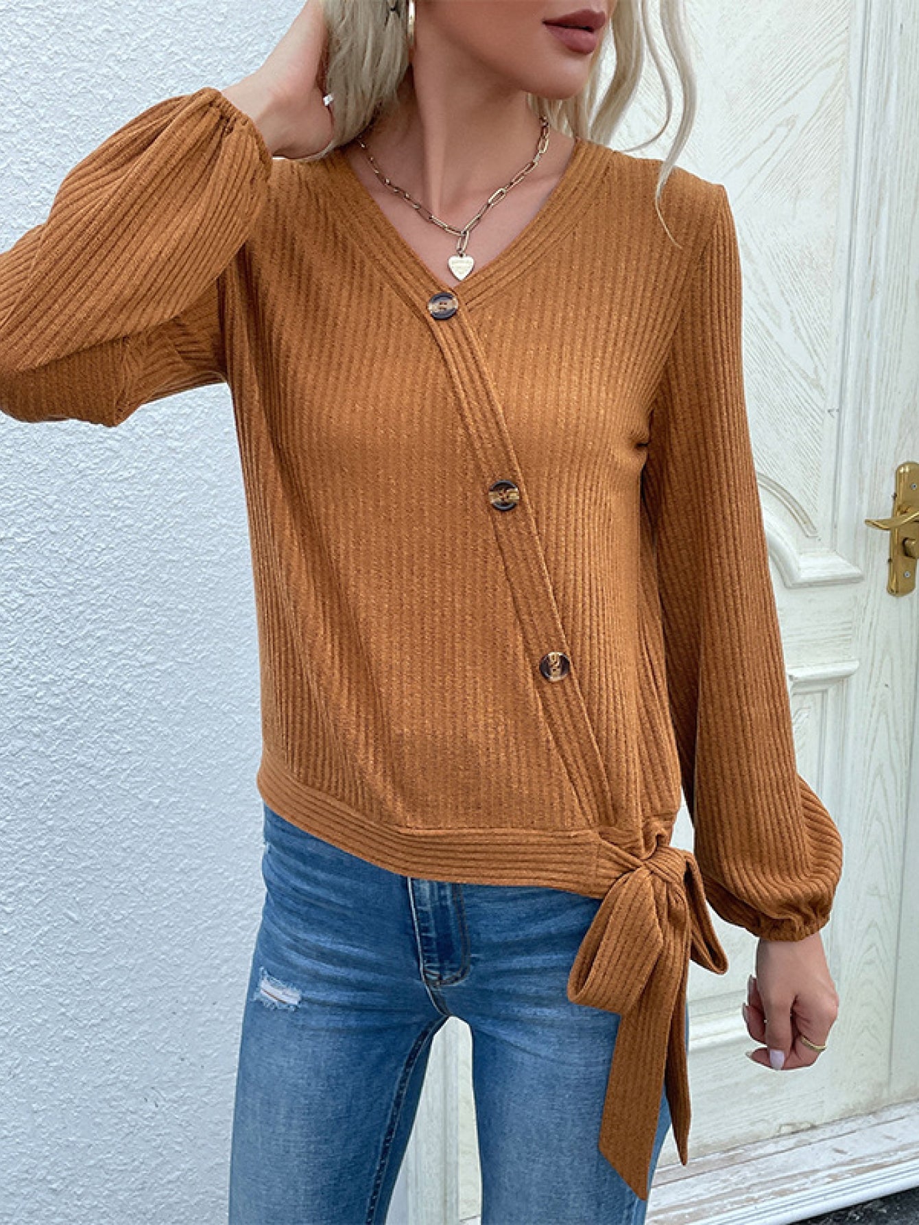 Beach Rose Co. - Brown Rib - Knit Asymmetrical Button Blouse