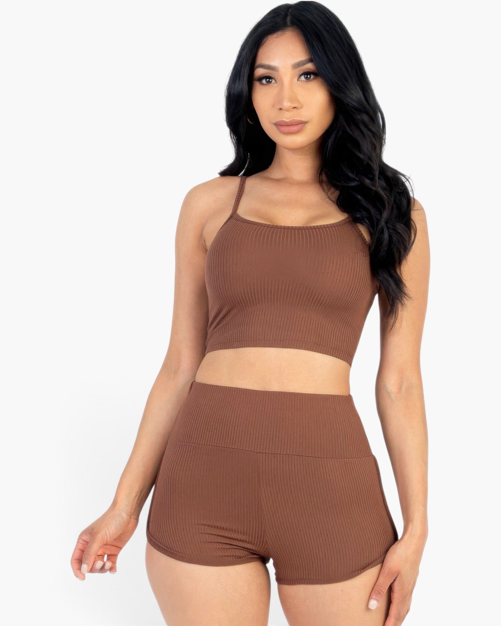 Beach Rose Co. brown ribbed cami crop top and matching ruched shorts set worn by a model against a white background.