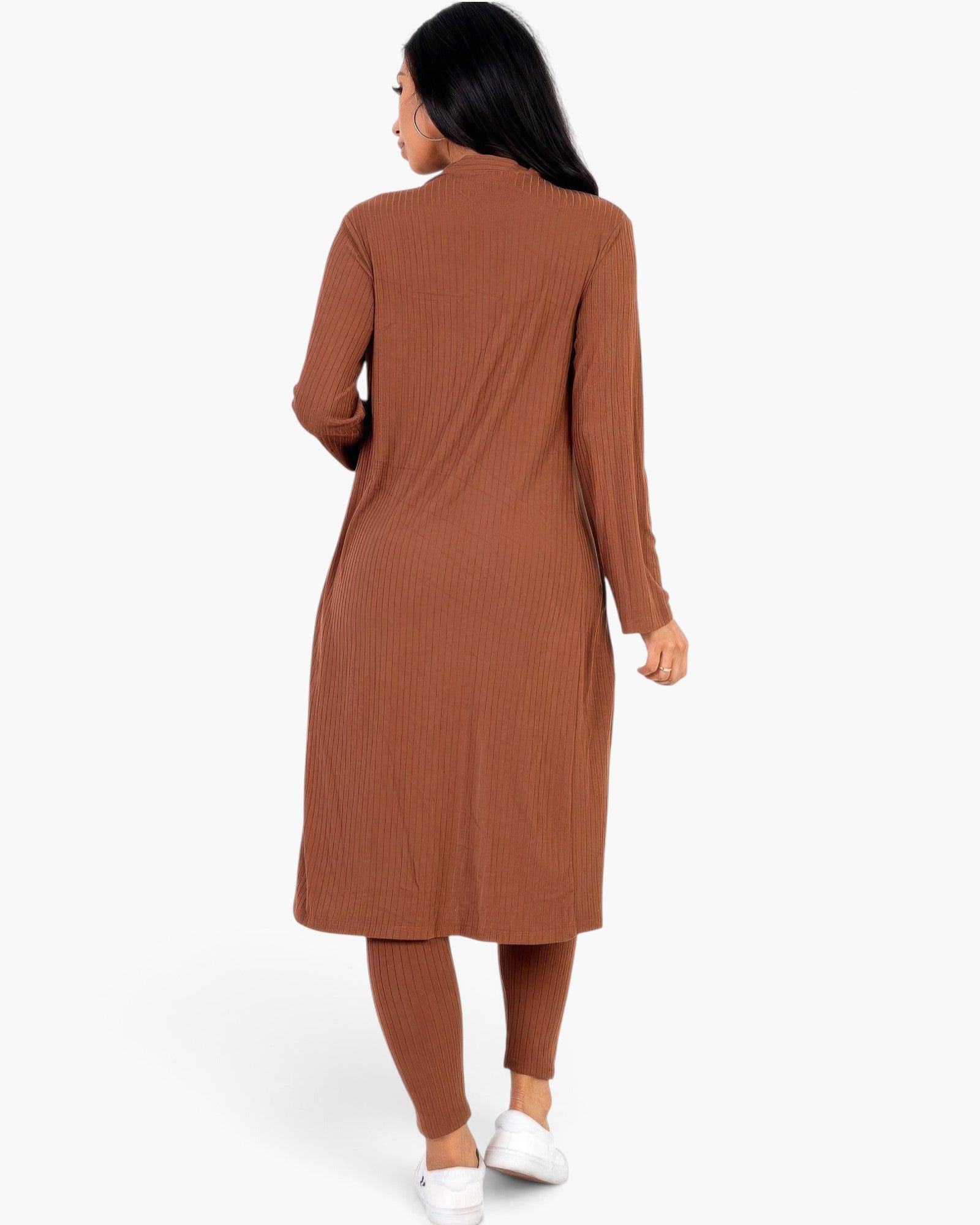 Beach Rose Co. brown ribbed long cardigan and leggings set worn by a woman from the back view