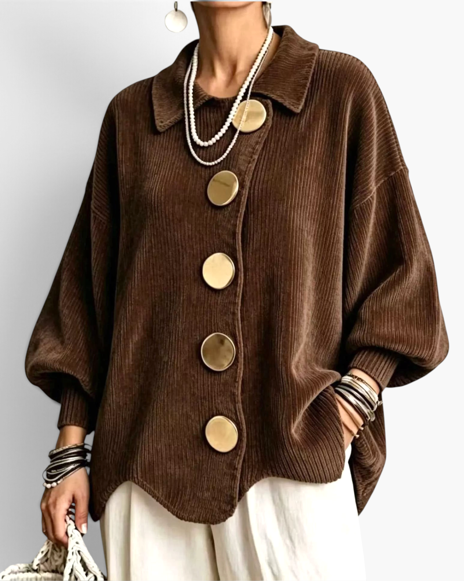 Beach Rose Co. brown ribbed knit cardigan with oversized gold buttons, balloon sleeves, and a scalloped hem.