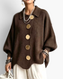 Beach Rose Co. brown ribbed knit cardigan with oversized gold buttons, balloon sleeves, collar, and a scalloped hem.