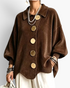 Beach Rose Co. brown ribbed knit cardigan with oversized gold buttons, balloon sleeves, and a scalloped hem.