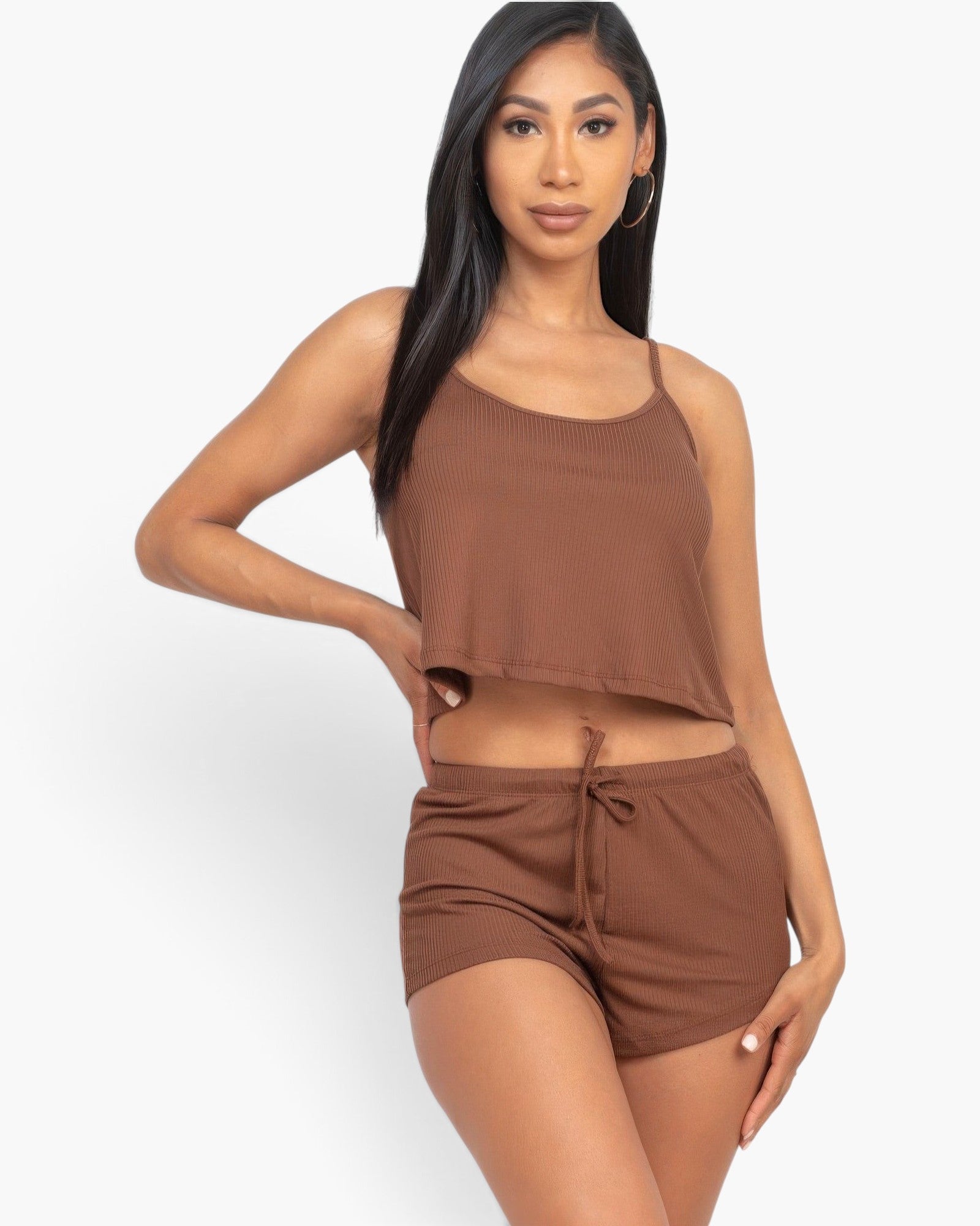 Beach Rose Co. brown ribbed strappy top and matching shorts set worn by a model with a relaxed fit.