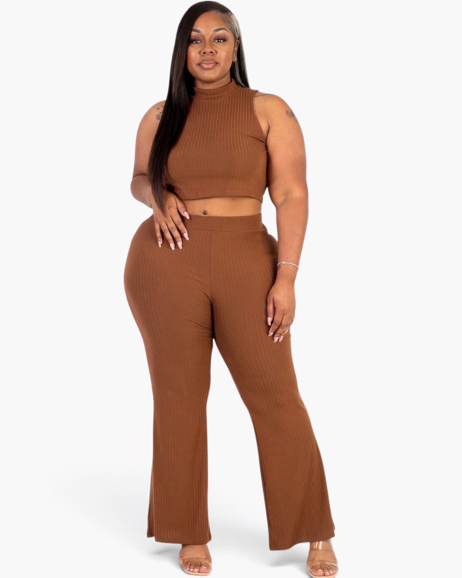 Beach Rose Co. plus size brown ribbed mock neck crop tank top and matching bootcut pants worn by a model.