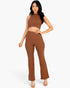 Beach Rose Co. brown ribbed mock neck crop tank top and matching bootcut pants set worn by a model.