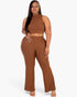 Beach Rose Co. plus size brown ribbed mock neck crop tank top and matching bootcut pants worn by a model.