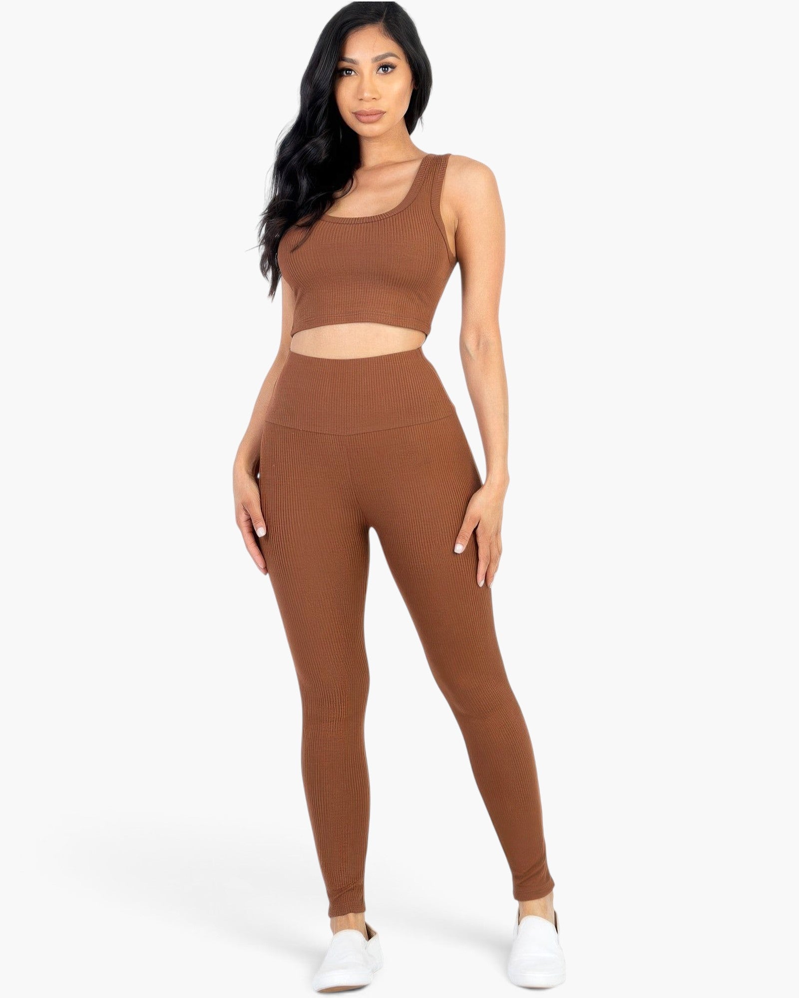 Beach Rose Co. brown ribbed crop top and high-waisted leggings set worn by a model on a white background