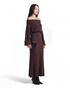 Beach Rose Co. chocolate brown off-shoulder ribbed sweater and midi skirt set with wide cuffs.