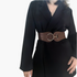 Beach Rose Co. wide brown PU waist belt with a silver ring clasp worn over a black blazer