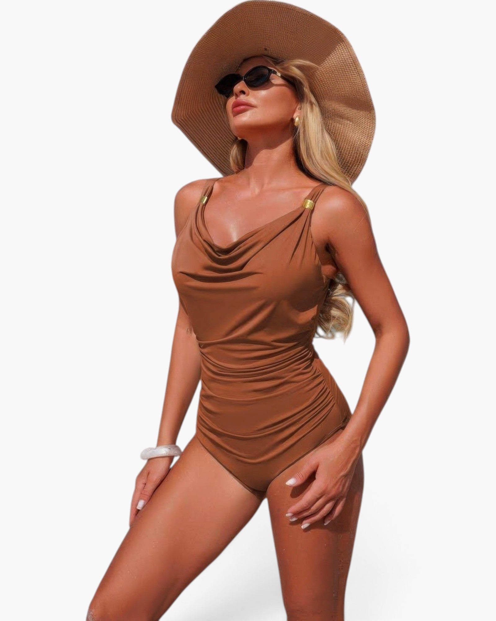 Beach Rose Co. brown one-piece swimsuit with V-neck, ruched tummy control, and a wide-brim sun hat on a blonde model.