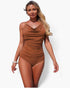 Beach Rose Co. brown one-piece swimsuit with a draped V-neckline, ruched tummy control, and a flattering fit.
