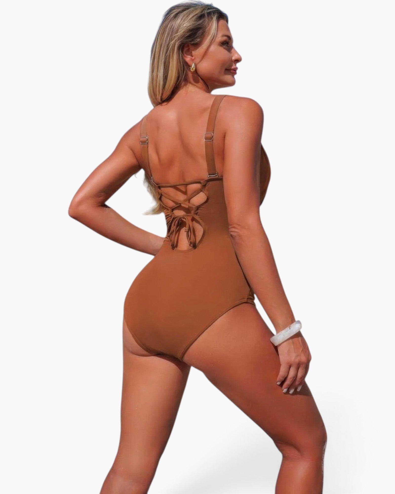 Beach Rose Co. brown one-piece swimsuit with a V-neck, ruched tummy control, and a lace-up back detail on a model.
