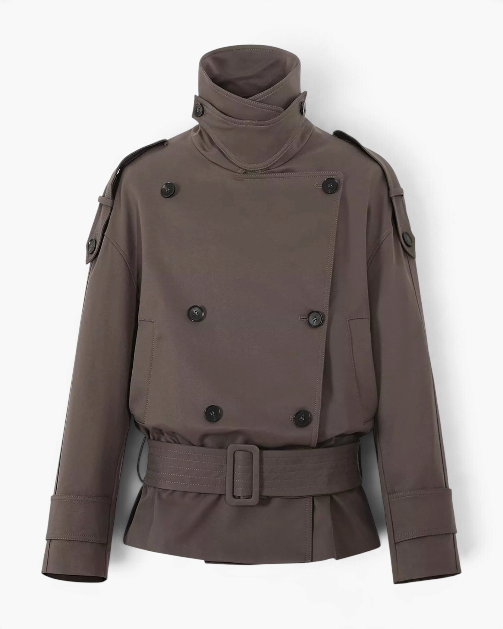 Beach Rose Co. brown short trench jacket with a high wrap collar, double-breasted buttons, and a buckled waist belt.