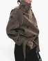 Beach Rose Co. brown viscose short trench jacket with a high wrap collar, double-breasted buttons, and waist belt.