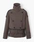 Beach Rose Co. brown short trench jacket with a high wrap collar, double-breasted buttons, and a buckled waist belt.