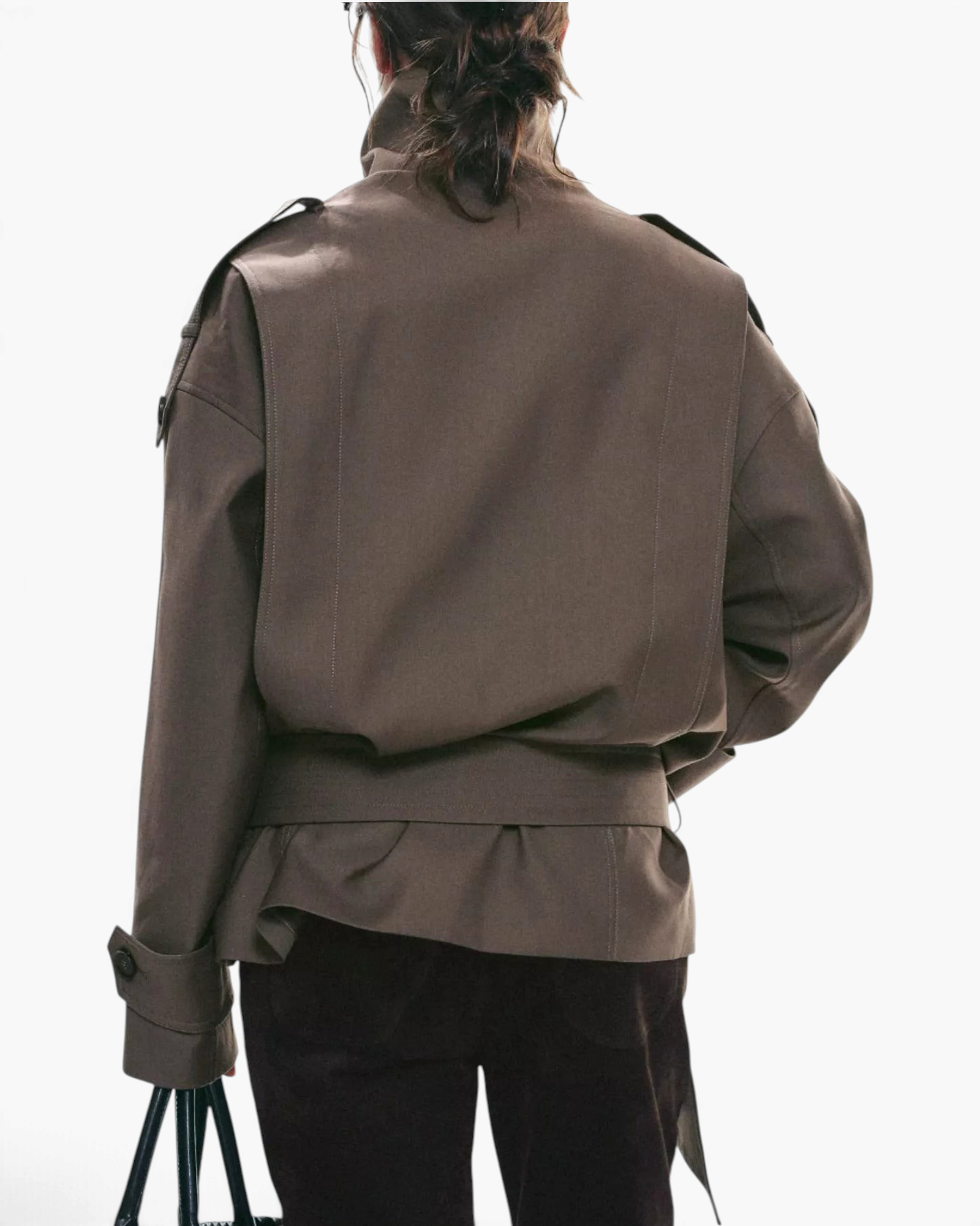 Beach Rose Co. brown viscose short trench jacket with a belted waist, shoulder tabs, and a high wrap collar back view