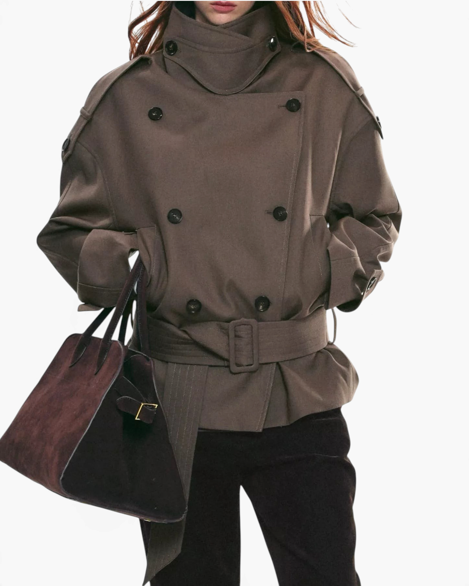 Beach Rose Co. brown short double-breasted trench jacket with a high wrap collar, waist belt, and shoulder tabs.