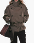 Beach Rose Co. brown short double-breasted trench jacket with a high wrap collar, waist belt, and shoulder tabs.