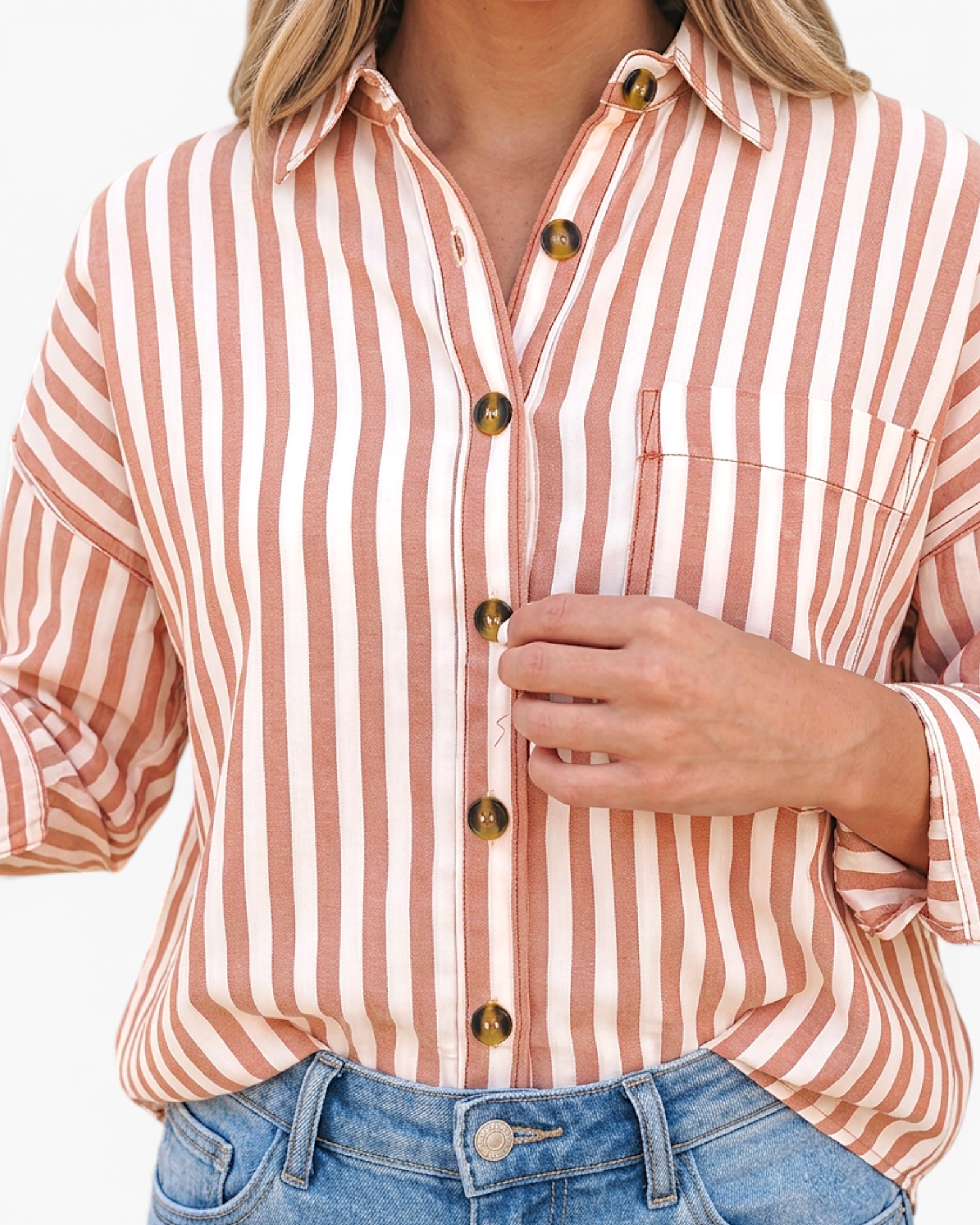 Beach Rose Co. brown and cream vertical striped polyester button-up shirt with contrast buttons and chest pocket