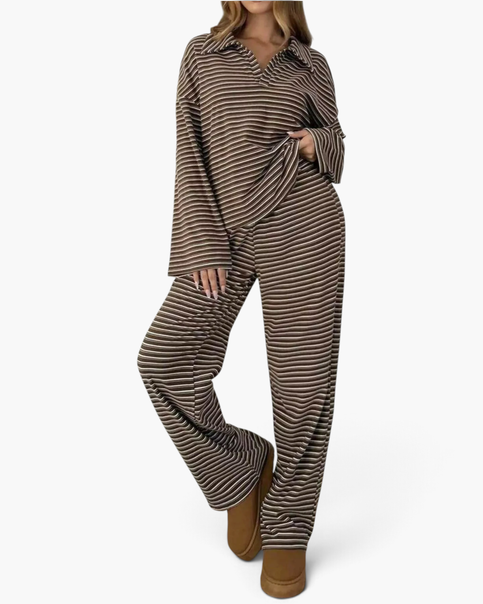 Beach Rose Co. brown and white striped two-piece set with a collared V-neck pullover and wide-leg pants.