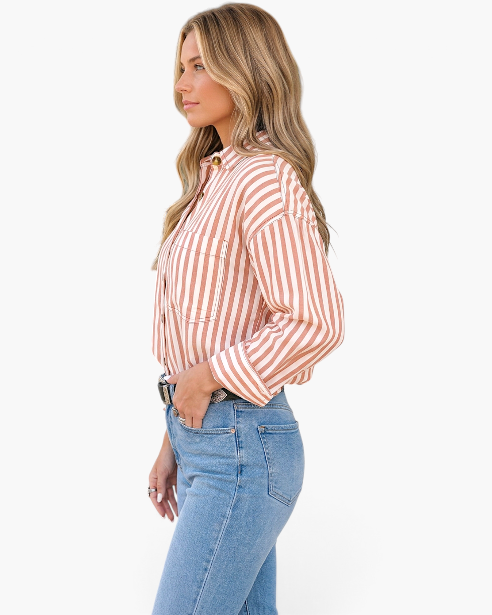 Beach Rose Co. brown and cream vertical striped button-up shirt with a pointed collar and chest pocket on a model.