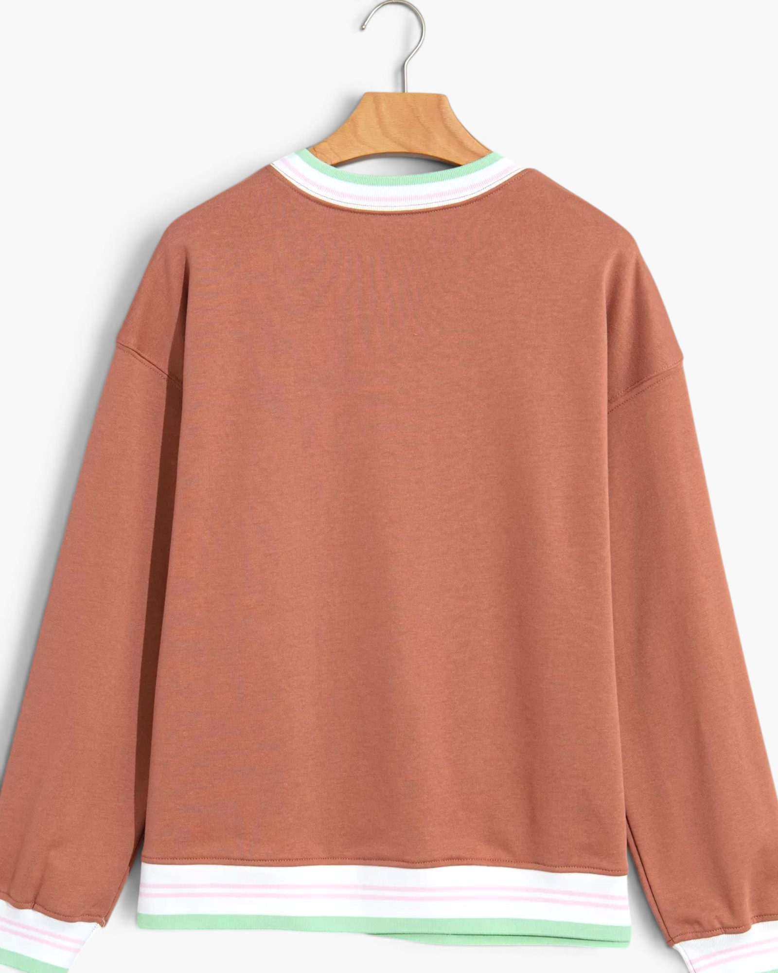 Beach Rose Co. brown relaxed fit sweatshirt with green and white striped trim on the crew neckline and hem.
