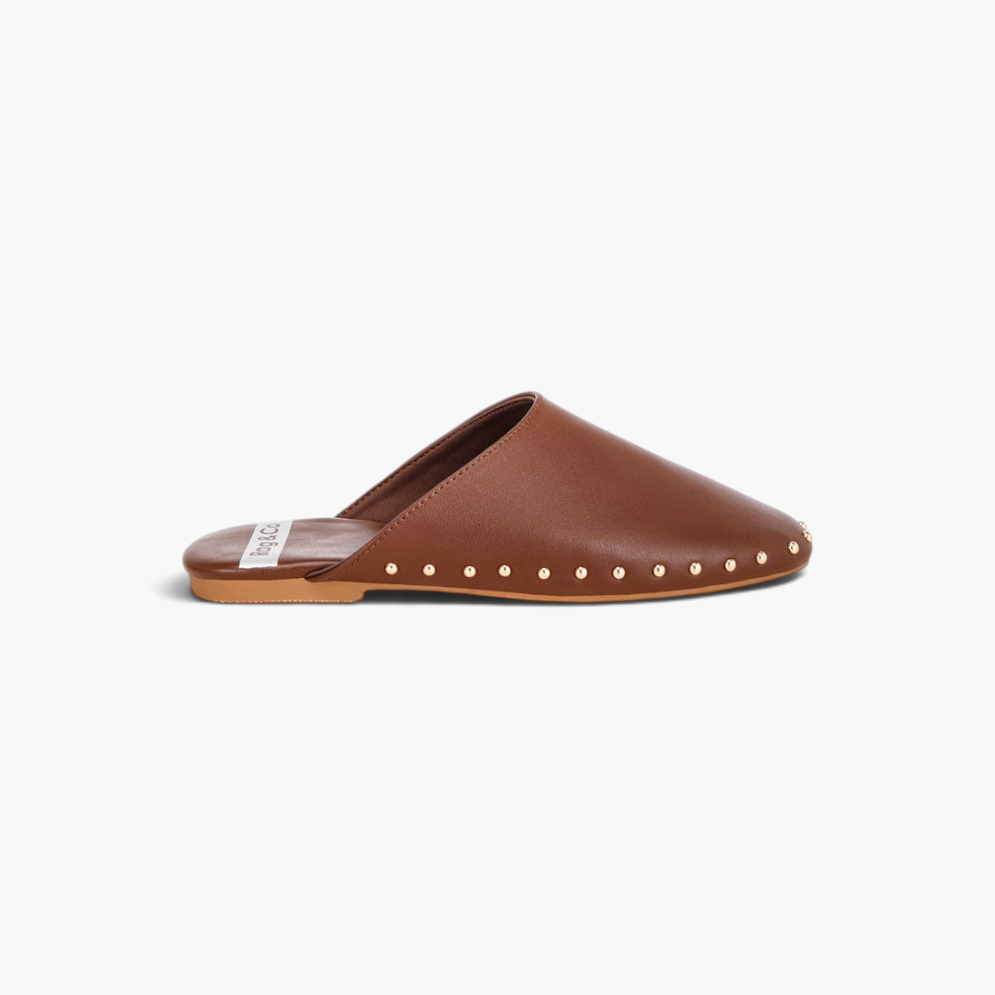 Beach Rose Co. brown backless flat mules with a closed round toe and gold studded trim detail