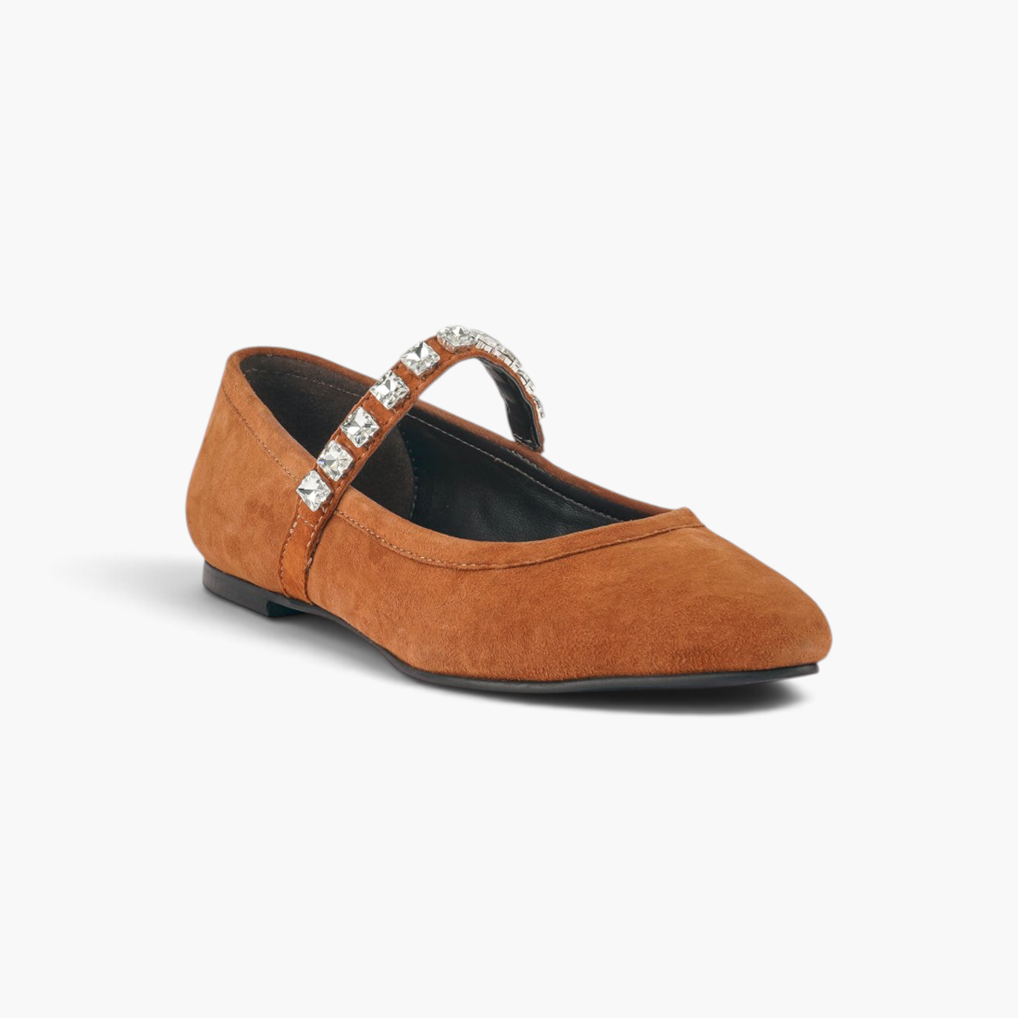Beach Rose Co. brown suede Mary Jane flats featuring a pointed toe and a sparkling diamante-studded midfoot strap.
