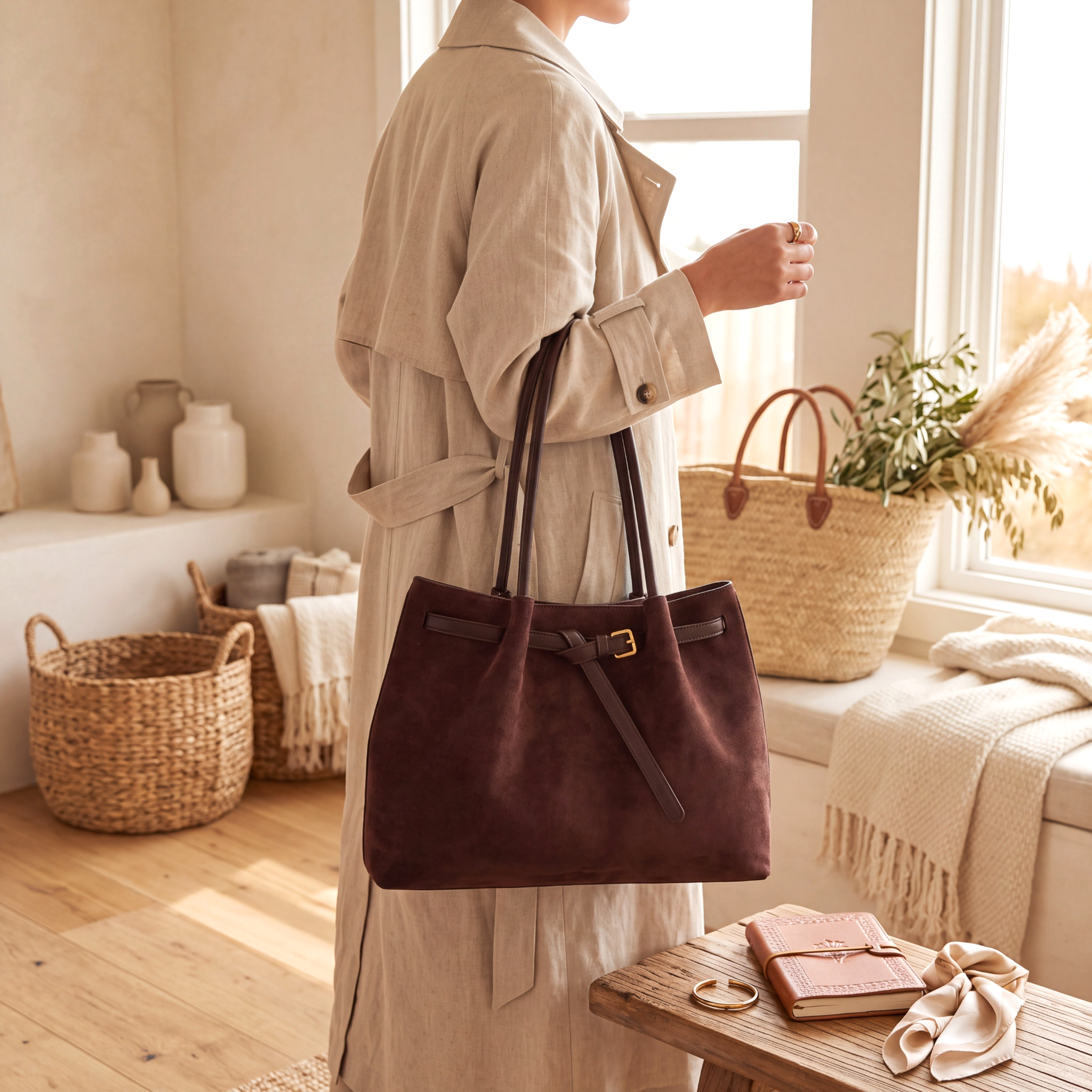 Beach Rose Co. brown suede shoulder bag with double handles and decorative buckle detail worn by a woman.