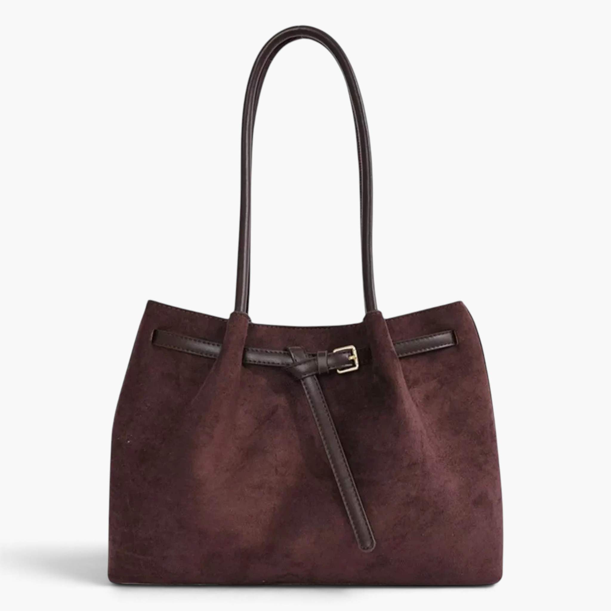 Beach Rose Co. brown suede shoulder bag with double handles and decorative buckle belt detail.