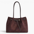 Beach Rose Co. brown suede shoulder bag with double handles and decorative buckle belt detail.