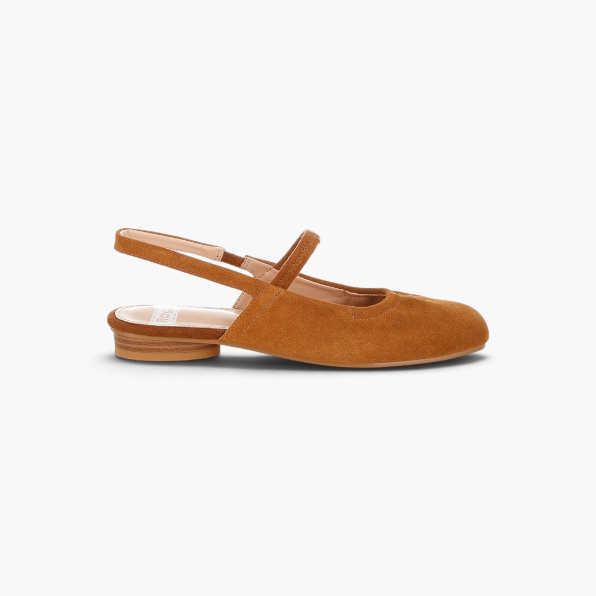 Beach Rose Co. tan suede slingback Mary Jane flats with a square toe, midfoot strap, and flat heel.
