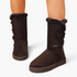 Beach Rose Co. dark brown suede mid-calf boots with faux fur trim and three side toggle fastenings