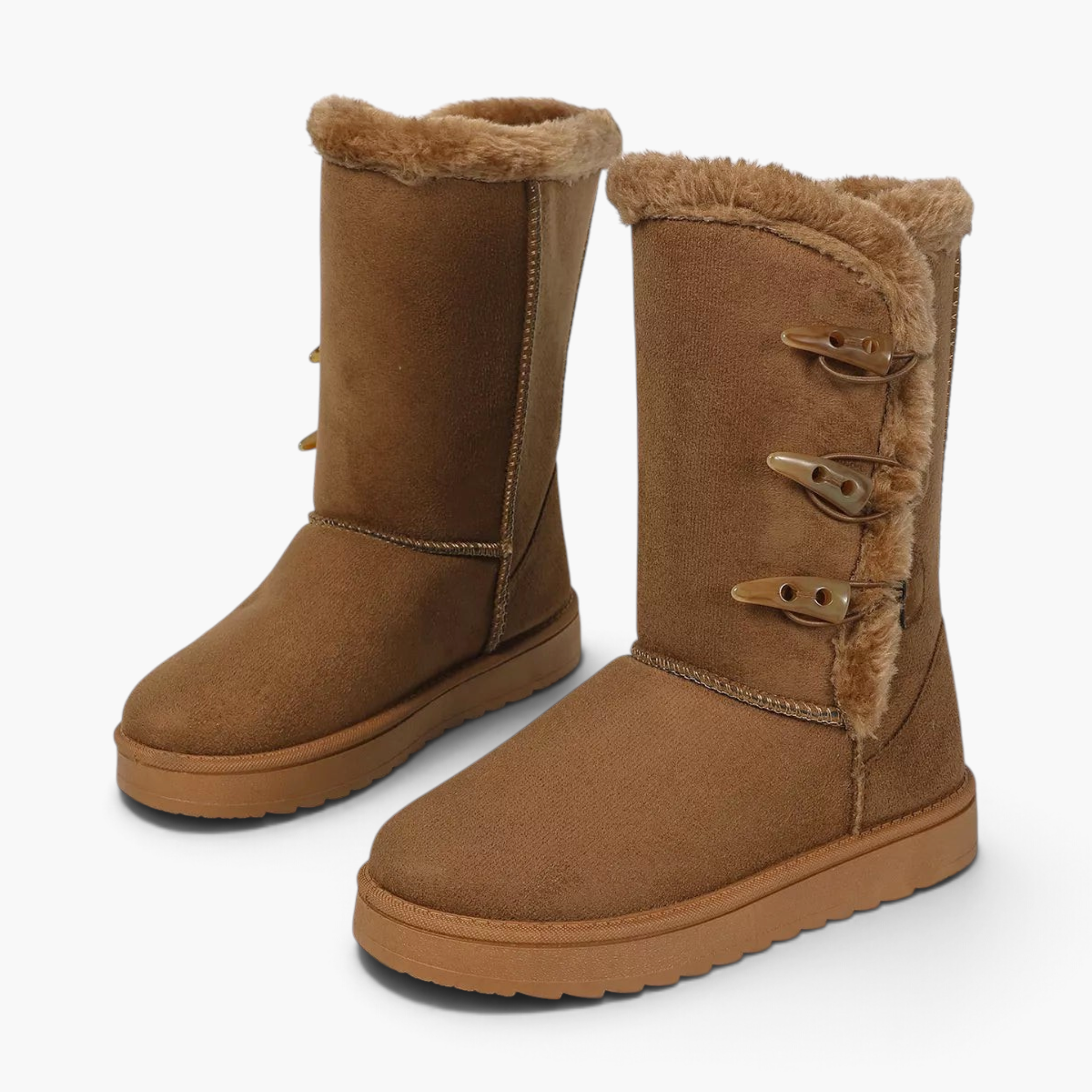 Beach Rose Co. brown suede mid-calf boots with plush faux fur trim and three side toggle fastenings on a rubber sole.