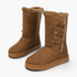 Beach Rose Co. brown suede mid-calf boots with plush faux fur trim and three side toggle fastenings on a rubber sole.