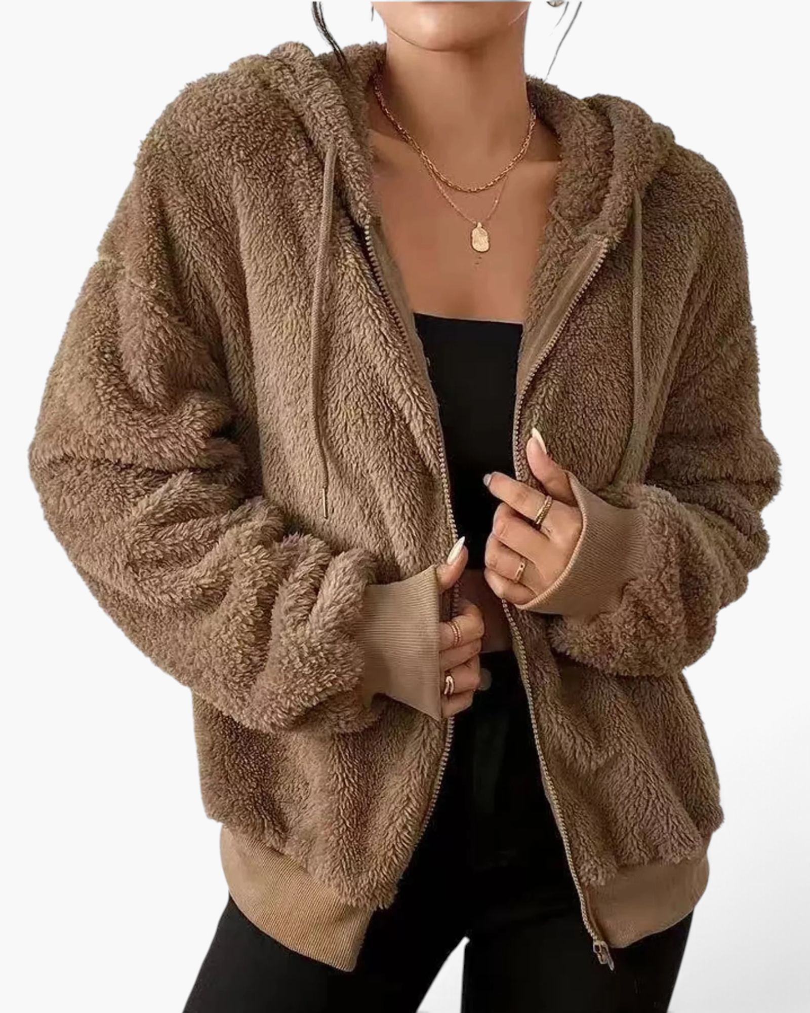 Beach Rose Co. brown teddy fleece zip-up hooded jacket with ribbed cuffs and a relaxed fit.