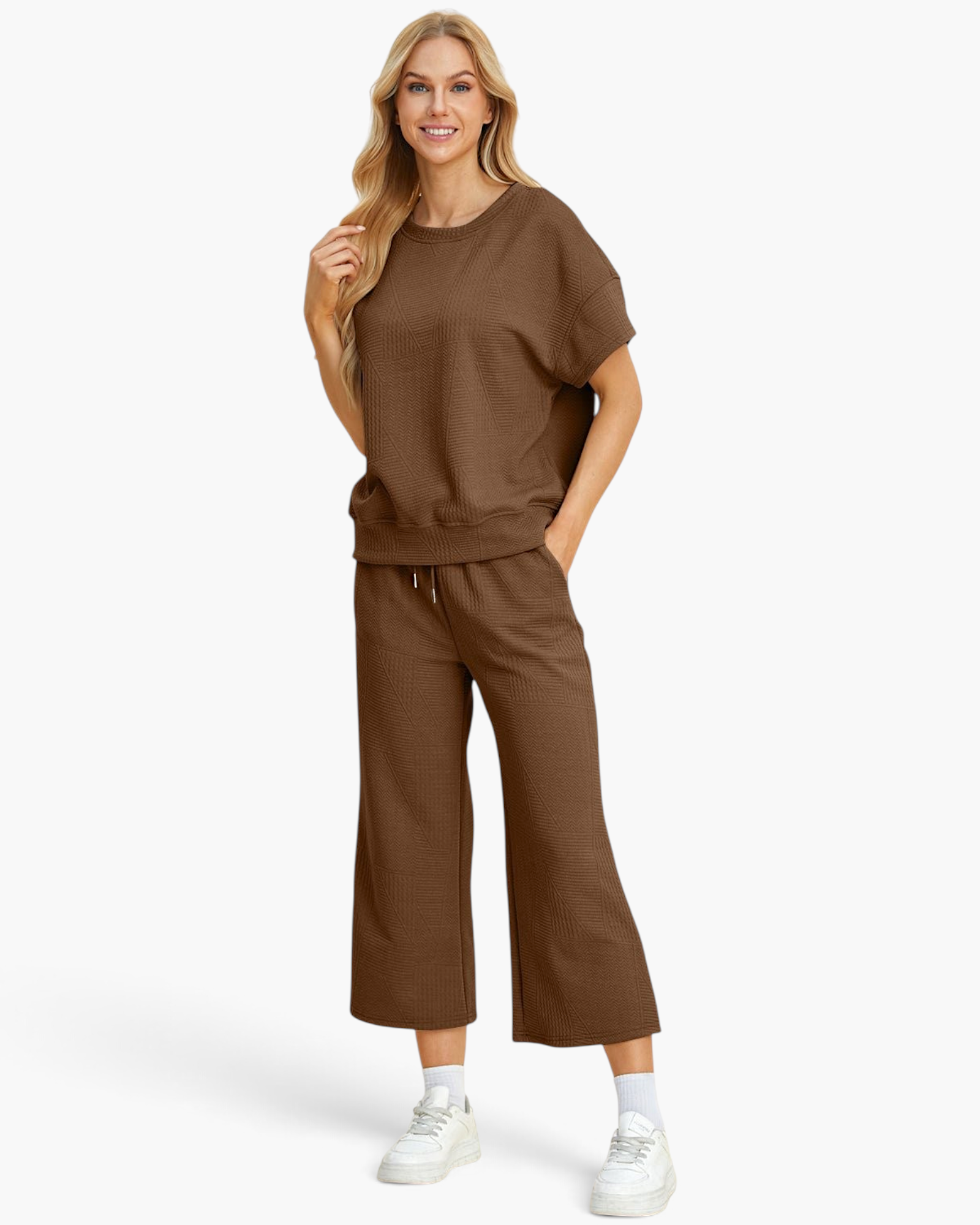 Beach Rose Co. brown two-piece set with a textured short-sleeve top and cropped wide-leg pants on a blonde model.