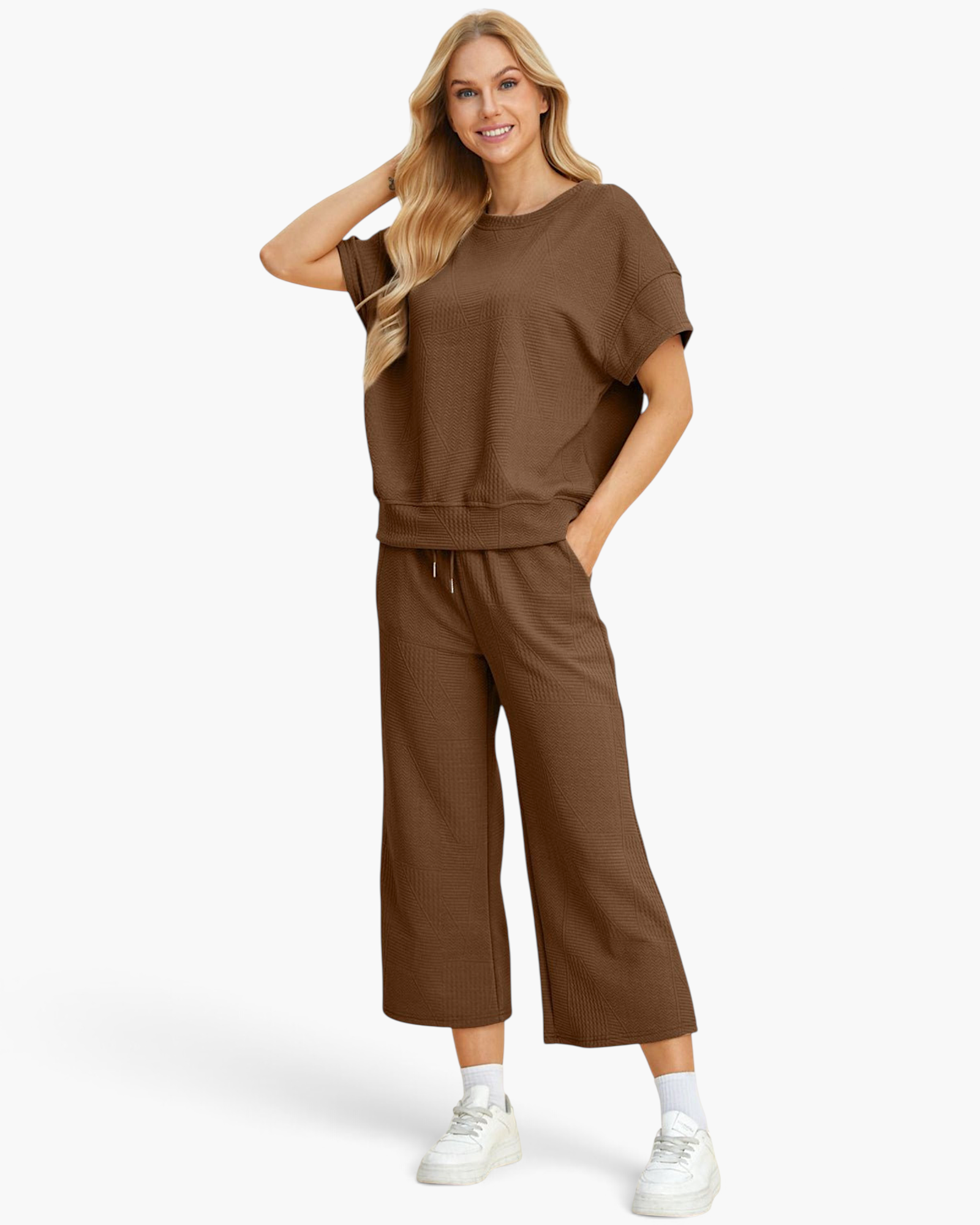 Beach Rose Co. brown two-piece set with a textured short-sleeve top and cropped wide-leg pants on a blonde model.