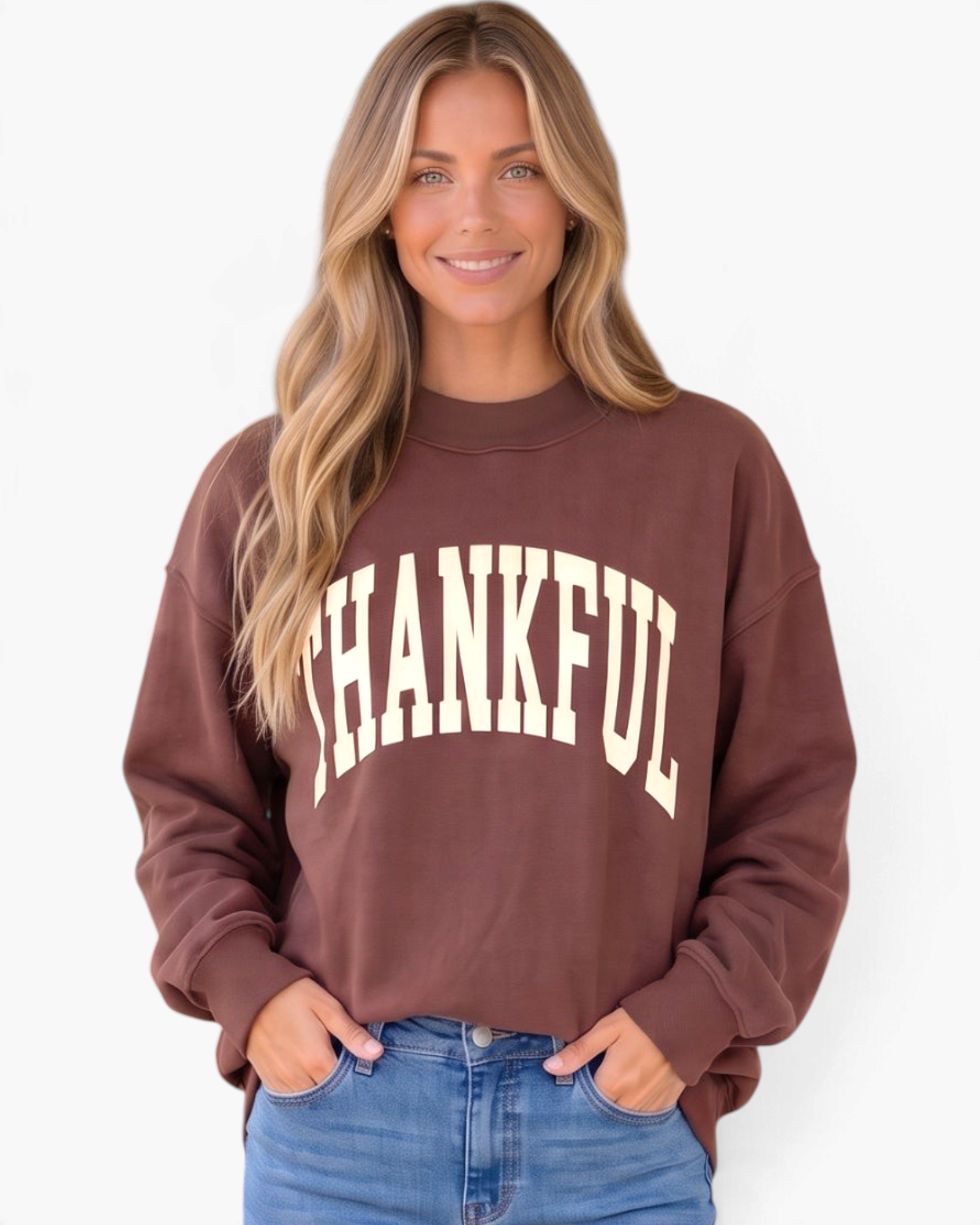 Beach Rose Co. brown mock neck sweatshirt with cream THANKFUL graphic worn by a smiling woman with blonde hair.