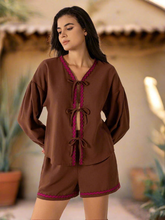 Beach Rose Co. - Brown Tie Front Long Sleeve Top and Shorts Set