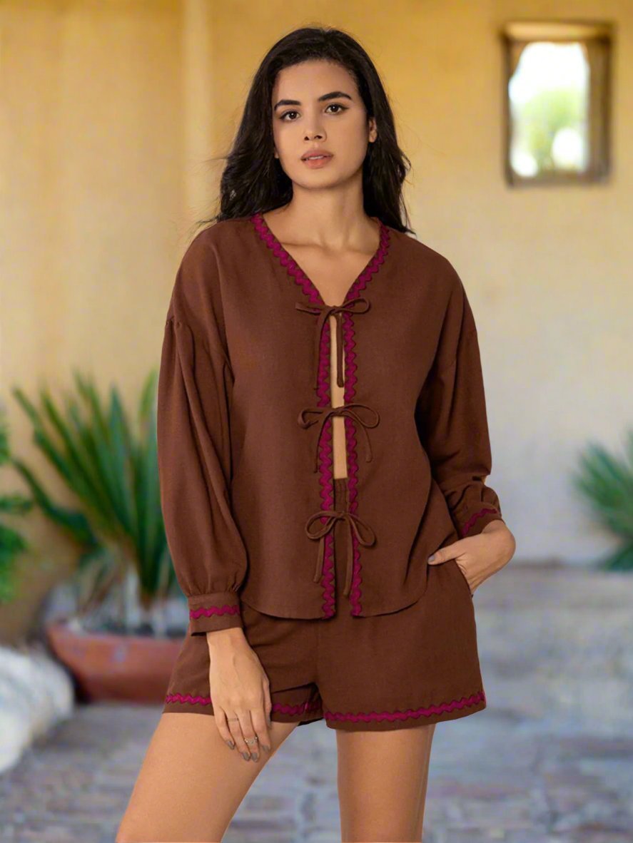 Beach Rose Co. - Brown Tie Front Long Sleeve Top and Shorts Set