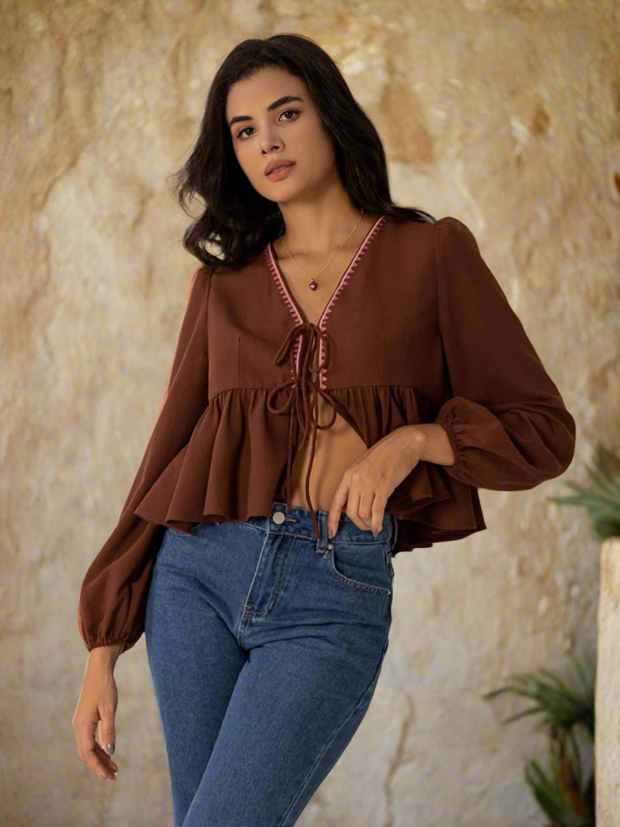 Beach Rose Co. - Brown Tie Front V - Neck Long Sleeve Peplum Blouse