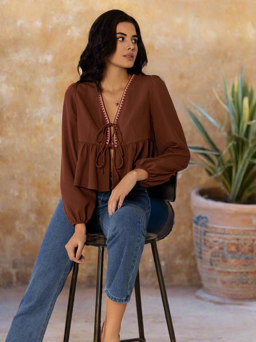 Beach Rose Co. - Brown Tie Front V - Neck Long Sleeve Peplum Blouse